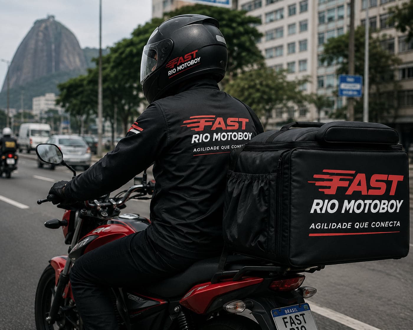 Motoboy da Fast Rio Motoboy em serviço na Zona Sul do Rio de Janeiro, com baú e uniforme da empresa